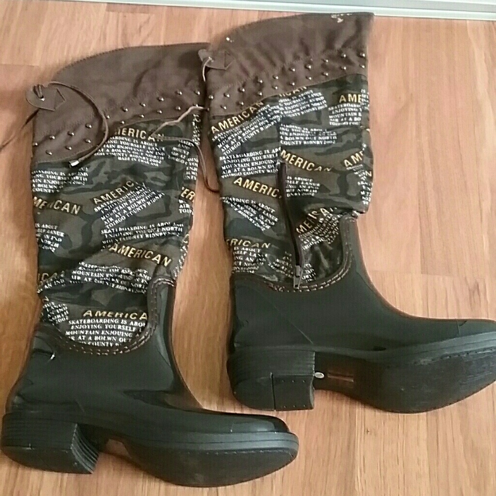 Brown Rain Boots,  Long Flat To The Knee Boots